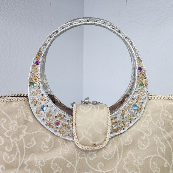 Mary Frances Beaded Quilted Silk Evening Bag Jeweled Feather Accent Purse Handba - Picture 9 of 15